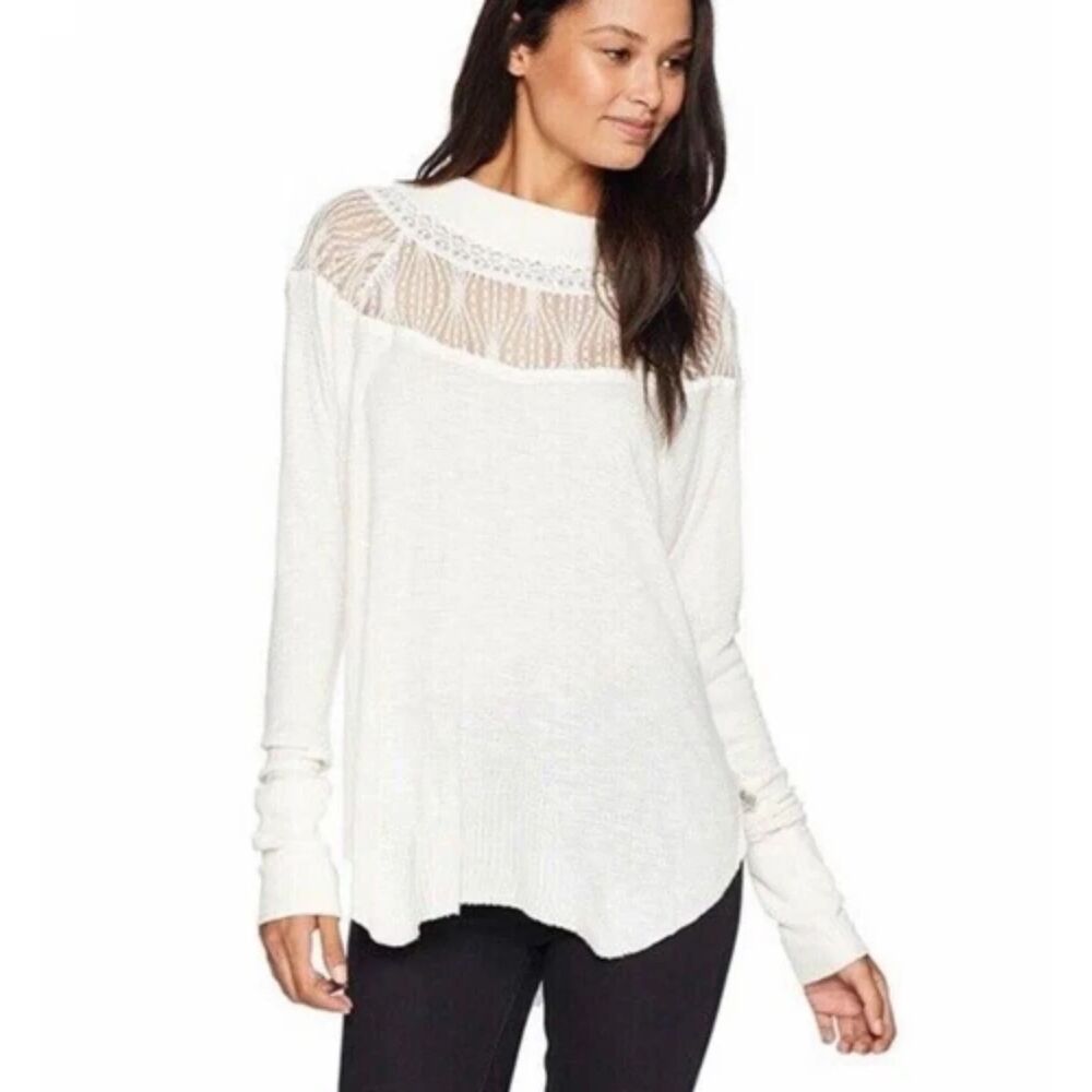 Free People Spring Valley Waffle Knit Top Ivory Lace Neckline Women's Size L